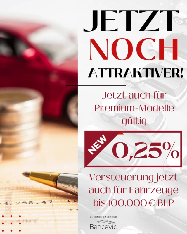 🚗 𝐒𝐭𝐞𝐮𝐞𝐫𝐞𝐫𝐥𝐞𝐢𝐜𝐡𝐭𝐞𝐫𝐮𝐧𝐠 𝐟ü𝐫 𝐯𝐨𝐥𝐥𝐞𝐥𝐞𝐤𝐭𝐫𝐢𝐬𝐜𝐡𝐞 𝐃𝐢𝐞𝐧𝐬𝐭𝐰𝐚𝐠𝐞𝐧 𝐚𝐛 𝟐𝟎𝟐𝟓!
𝐀𝐛 𝐝𝐞𝐦 𝟏𝟏. 𝐉𝐮𝐥𝐢 𝟐𝟎𝟐𝟓 profitieren vollelektrische Dienstwagen mit einem 𝐁𝐫𝐮𝐭𝐭𝐨𝐥𝐢𝐬𝐭𝐞𝐧𝐩𝐫𝐞𝐢𝐬 𝐯𝐨𝐧 𝐛𝐢𝐬 𝐳𝐮 𝟏𝟎𝟎.𝟎𝟎𝟎 𝐄𝐮𝐫𝐨 von besonderen steuerlichen Vorteilen – mit 𝐁𝐫𝐮𝐭𝐭𝐨𝐥𝐢𝐬𝐭𝐞𝐧𝐩𝐫𝐞𝐢𝐬 𝐯𝐨𝐧 𝐧𝐮𝐫 𝟎,𝟐𝟓 % 𝐕𝐞𝐫𝐬𝐭𝐞𝐮𝐞𝐫𝐮𝐧𝐠 𝐛𝐞𝐢 𝐩𝐫𝐢𝐯𝐚𝐭𝐞𝐫 𝐍𝐮𝐭𝐳𝐮𝐧𝐠.

✅ Das eröffnet neue Möglichkeiten auch für 𝐏𝐫𝐞𝐦𝐢𝐮𝐦-𝐌𝐨𝐝𝐞𝐥𝐥𝐞 – ideal für Unternehmen, Fuhrparkmanager und Geschäftskunden!

🔍 𝐖𝐚𝐬 ä𝐧𝐝𝐞𝐫𝐭 𝐬𝐢𝐜𝐡 𝐤𝐨𝐧𝐤𝐫𝐞𝐭?
🔴 Bisher galt die 0,25 %-Versteuerung nur für Fahrzeuge bis 70.000 €
🟢 Neu: Jetzt gilt sie für E-Fahrzeuge bis 100.000 €
💡 Ihr Vorteil: 𝐌𝐞𝐡𝐫 𝐄𝐫𝐬𝐩𝐚𝐫𝐧𝐢𝐬 𝐮𝐧𝐝 𝐠𝐫öß𝐞𝐫𝐞 𝐌𝐨𝐝𝐞𝐥𝐥𝐚𝐮𝐬𝐰𝐚𝐡𝐥 𝐟ü𝐫 𝐈𝐡𝐫𝐞 𝐌𝐢𝐭𝐚𝐫𝐛𝐞𝐢𝐭𝐞𝐧𝐝𝐞𝐧!

Bei uns finden Sie eine große Auswahl attraktiver Angebote verschiedenster Marken und Modelle.

𝐊𝐨𝐧𝐭𝐚𝐤𝐭𝐢𝐞𝐫𝐞𝐧 𝐒𝐢𝐞 𝐮𝐧𝐬 – 𝐰𝐢𝐫 𝐛𝐞𝐫𝐚𝐭𝐞𝐧 𝐒𝐢𝐞 𝐠𝐞𝐫𝐧𝐞!
+49 (0) 761 7070 888 22
𝐈𝐡𝐫 𝐁𝐚𝐧𝐜𝐞𝐯𝐢𝐜 𝐓𝐞𝐚𝐦

#Steuererleichterung #Dienstwagen  #ElektrischeDienstwagen
 #Firmenwagen2025 #0komma25 #BLP100000 #EAutoFörderung #Steuervorteil #Elektroauto2025 #Elektromobilität #EAuto #NachhaltigeMobilität #Fahrzeugflotte #ZukunftFahren #eMobilityGermany #GrüneFlotte #Fuhrparkmanagement